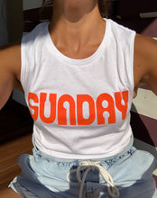 Load image into Gallery viewer, White muscle Tee with orange Sunday printed on the front.
