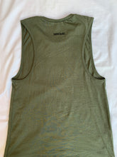 Load image into Gallery viewer, Back view of the olive colored muscle tee
