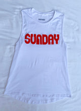 Load image into Gallery viewer, Orange &quot;Sunday&quot; font printed on the Sontans day of the week muscle tee.
