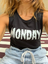 Load image into Gallery viewer, &quot;Monday&quot; muscle tee in black with a scary font in white
