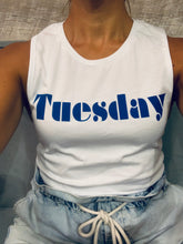 Load image into Gallery viewer, Royal blue &quot;Tuesday&quot; graphic, printed on a white tee shirts for Sontans on a model.
