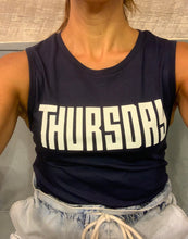 Load image into Gallery viewer, Navy blue muscle tee with white &quot;Thursday&quot; printed on it from Sontans on a model.
