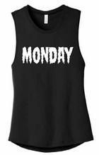 Load image into Gallery viewer, Black tee with scary font &quot;Monday&quot; in white.
