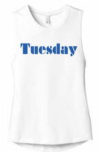 Load image into Gallery viewer, Royal blue &quot;Tuesday&quot; graphic, printed on a white tee shirts for Sontans.
