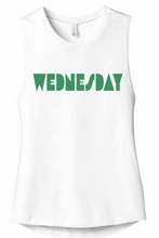 Load image into Gallery viewer, White muscle tee with retro graphic &quot;Wednesday&quot; printed on it, worn by a model.
