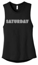 Load image into Gallery viewer, Disco saturday font printed in white on black knit.
