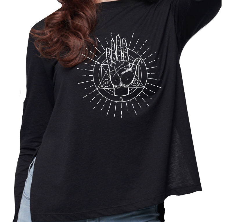 Solid Black long sleeve tee with white Palmistry graphic print at front.