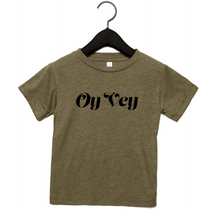 Load image into Gallery viewer, Olive Green Heather tri-blend tee with Black OY VEY Graphic, toddler size.
